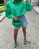 OOTDGIRL New Women Loose Green Blouse Shirt Vintage Pocket Long Sleeve Chemise Femme Lapel Collar Streetwear Blusas Ropa Mujer