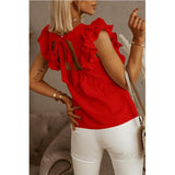 Ootdgirl Ruffle Short Sleeve Backless Lace Up Women Blouse Solid Oversize O-Neck Lady Blouses Summer Loose Casual Fashion