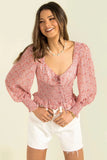 OOTDGIRL Women's Vintage Floral Chiffon Shirt V-Neck Design Print Lantern Sleeves To Shrink Waist Spring Autumn Blouse Short Top