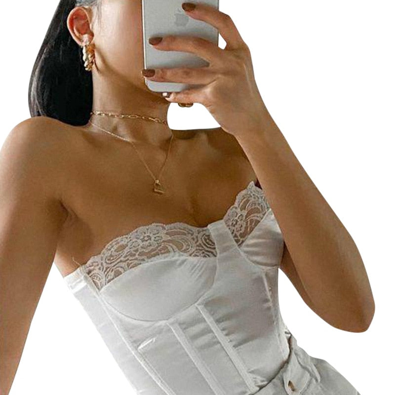 Ootdgirl   Vintage Lace Satin Corset Top Summer 2022 Cottagecore Bustier White Black Club Wear Cropped Tank Tops