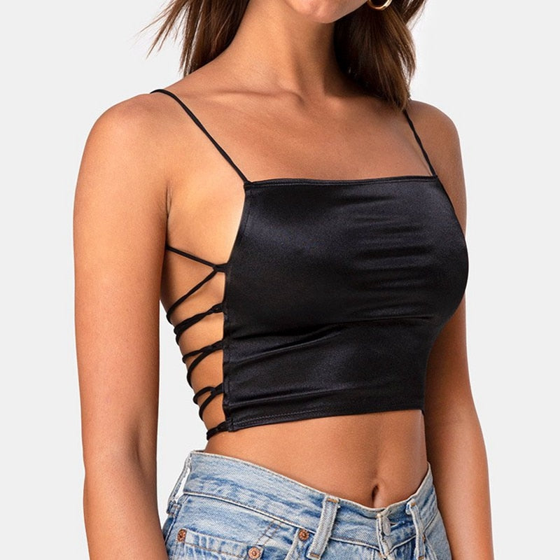 OOTDGIRL 2022 Sexy Backless Bandage Cami Spaghetti Strap Top Summer Goth Sleeveless Cropped Y2K Streetwear Women Black Red Clothes