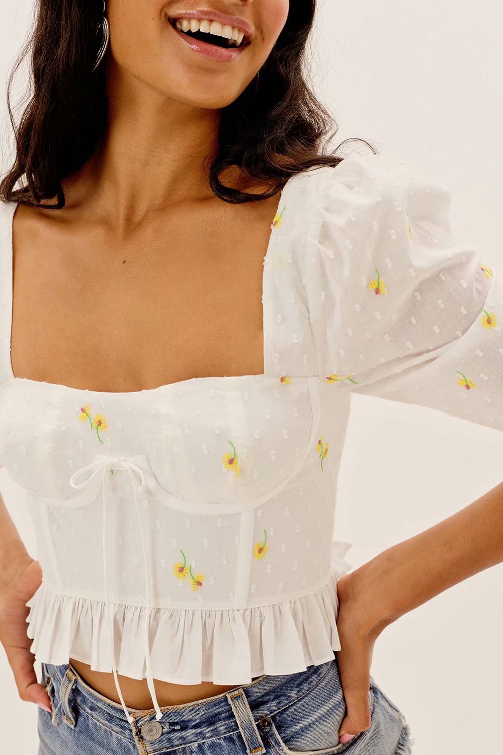 OOTDGIRL Spring And Summer Blouses Women New Retro Daisy Embroidery Ruffled Short Sleeve Corset Shirt Top Pullover Blouse