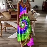 Ootdgirl  Summer Rainbow Printed Dress Women  Deep V-Neck Sling Sleeveless Long Dresses Female Casual Tie Dye Maxi Beach Dress Vestido