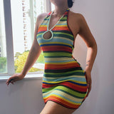 Ootdgirl  V-Neck Summer Dress Women Sleeveless Mini Dress Hem  Knitted Casual Stripe Tank Lace Backless Slim Dresses 2022New