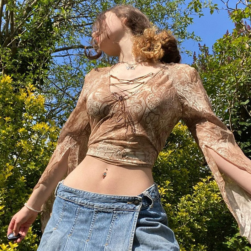 Ootdgirl  Grunge Fairycore Print Mesh Topstie Up Flare Sleeve T Shirt Ladies V-Neck Tees Women Autumn Vintage Aesthetic Clothes