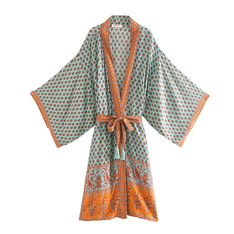 Ootdgirl  Oversized Beach Kimono With Sashes Bohemian Vintage Slim  Long Cardigan Women Big Sleeve Fringe Cotton Cover-Up