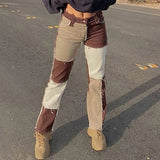 OOTDGIRL Autumn Brown Women Cowboy Striped Patchwork Jeans Street Casual Hip Hop High Waist Loose Straight Jeans Women's Fashion Pants