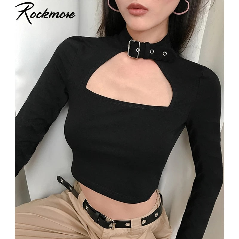Ootdgirl  Korean Style Harajuku Buckle Women Turtleneck Long Sleeve T Shirt Femme Basic T-Shirt Hollow Out Gothic Cotton Crop Top