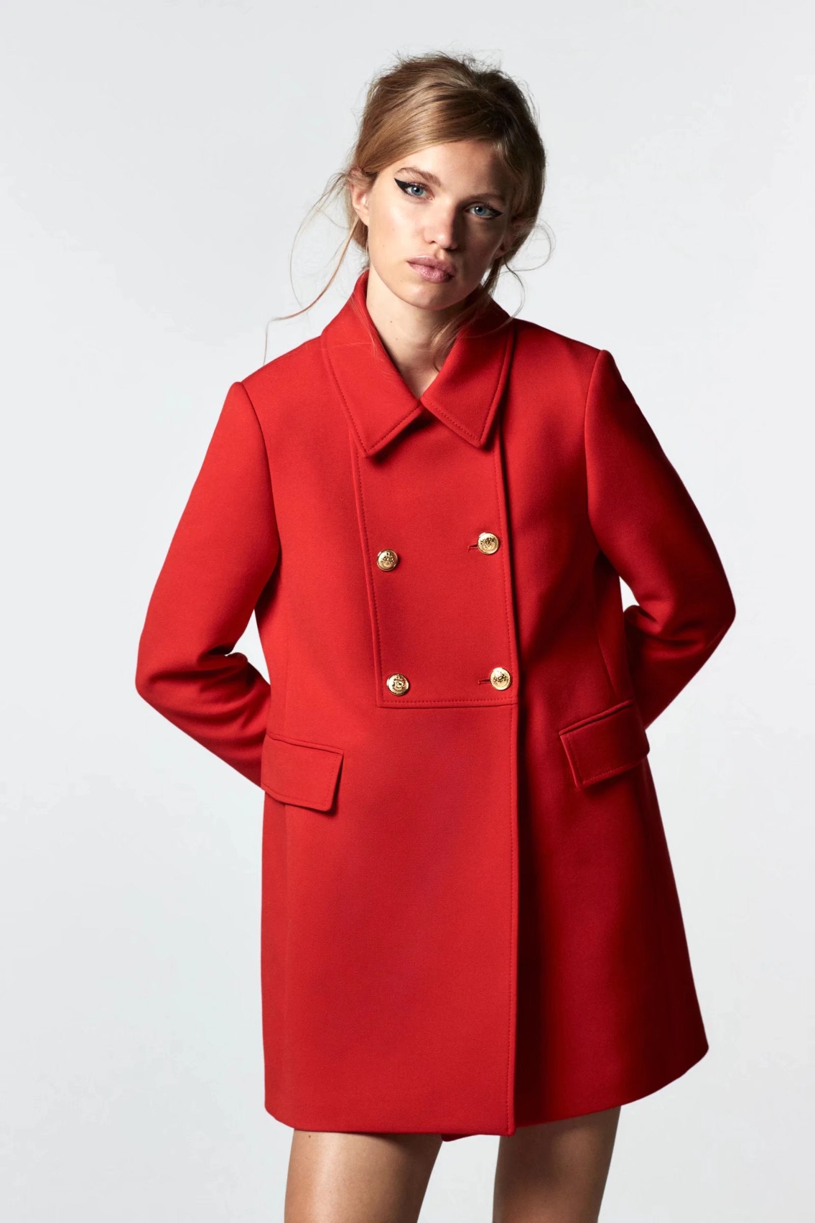 OOTDGIRL Red Coat Women Buttoned Long Coats Woman Winter Korean Fashion Long Sleeve Overcoat Female Collared Coat Ladies