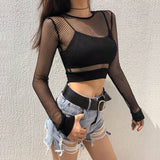 OOTDGIRL Sexy Black Hollow Out Mesh T-Shirt Female Skinny Crop Top 2022 New Fashion Summer Basic Tops For Women Fishnet Shirt