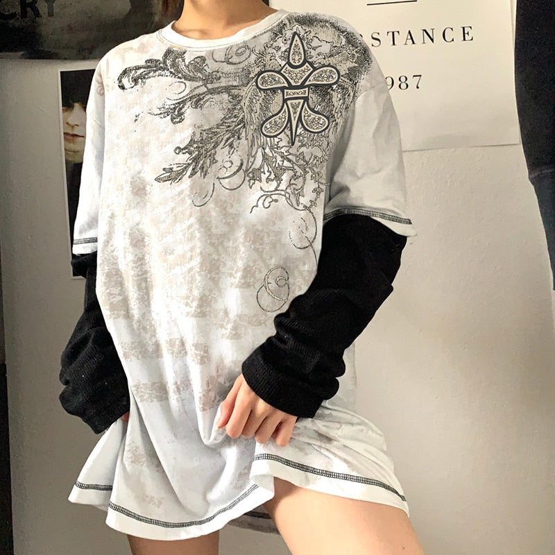 OOTDGIRL Retro Grunge Oversized T-Shirt Autumn Patchwork Long Sleeve Tees Harajuku Graphic Print Loose Pullovers Women Gothic Streetwear