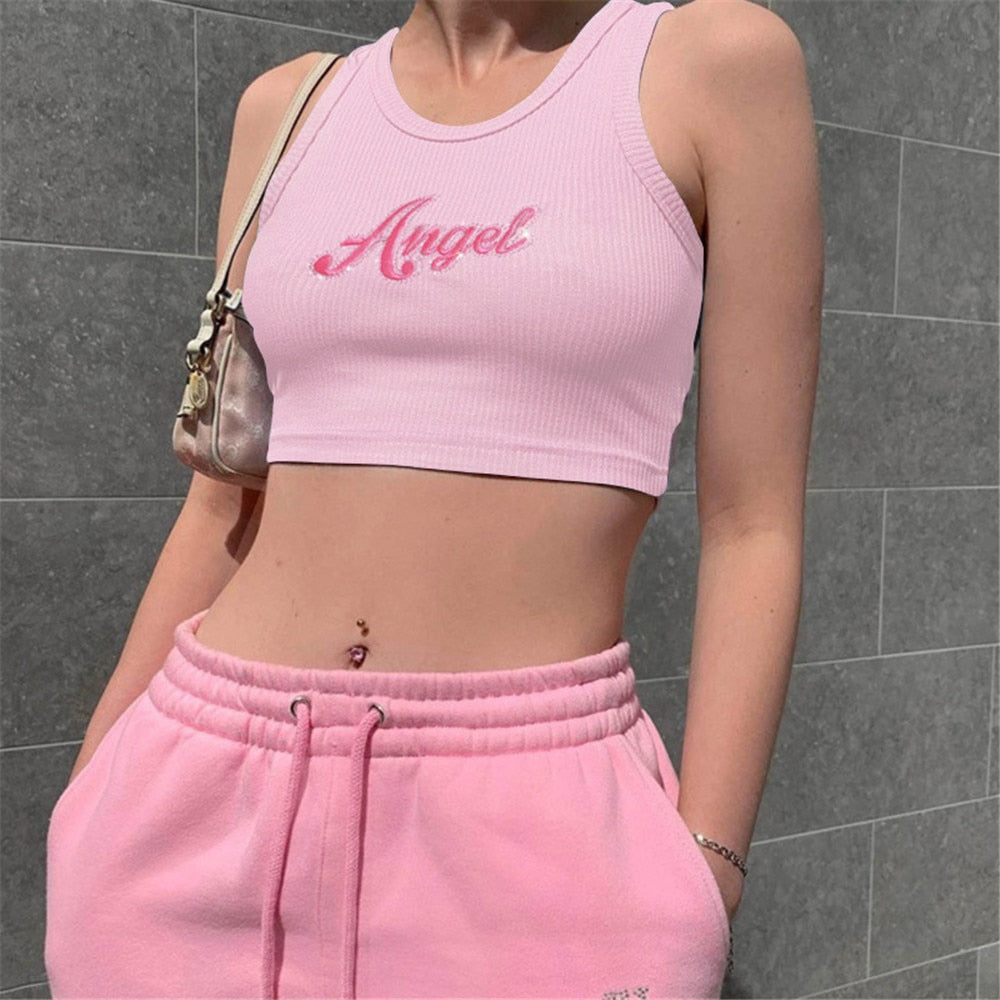 OOTDGIRL 3 Color Summer Women Letter Embroidery Crop Top Fashion Casual Sleeveless Pink Tanks Sports Camis Female Clothing 2022