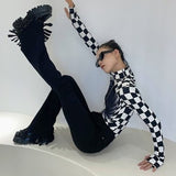 Ootdgirl  Casual Fashion Women's Checkerboard Printed Tops Autumn 2022 Turtleneck Long Sleeve Female  Streetwears