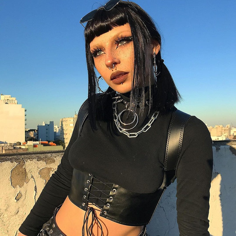 Ootdgirl  Gothic PU Leather Buckle Corset Women Crop Top Punk Style Bustiers Cummerbunds Tank Tops Wear Out Streetwear Vest 2022