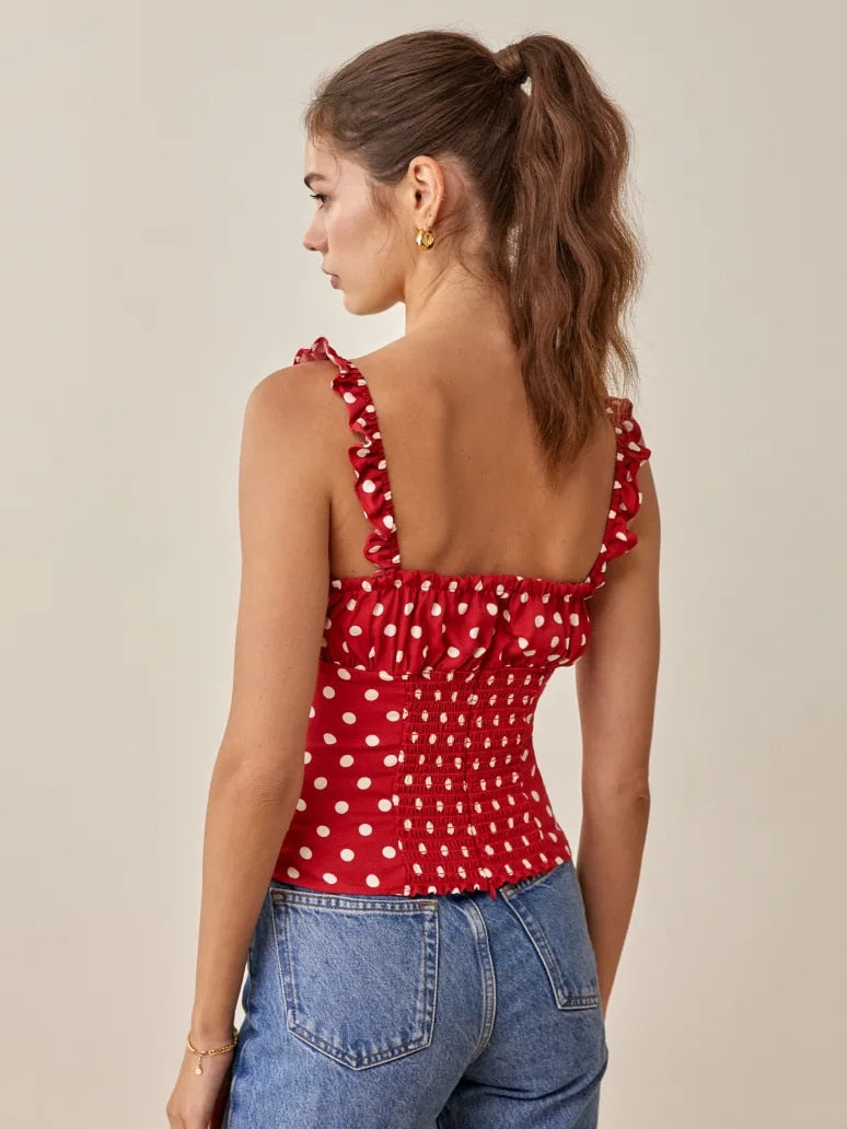OOTDGIRL Sexy Sweet Polka Dot Camis Top Summer Casual Lace Up Off Shoulder Backless Slim Wide Strap Short Cropped Women Tank Tops