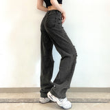 OOTDGIRL Black Vintage Ripped Hole Jeans Women Baggy Cut Out High Waist Denim Pants Summer Korean Y2k Streetwear Fashion Straight Jeans
