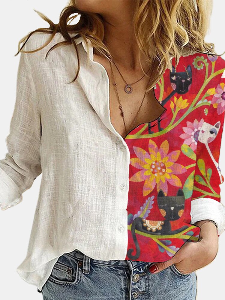 Ootdgirl  Blouse Turn-Down Collar Summer Stitching Cat Print Button Blouse Plus Size Long-Sleeved Shirt Vintage Elegant Fashion Tops 2022