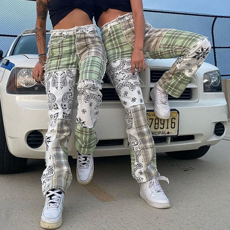 Ootdgirl  Streetwear Checker Patched Ripped Straight Jeans Girls Fashion 2022 High Waist Female Vintage Plaid Denim Pants Women