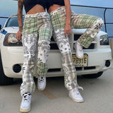 Ootdgirl  Streetwear Checker Patched Ripped Straight Jeans Girls Fashion 2022 High Waist Female Vintage Plaid Denim Pants Women