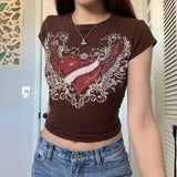 OOTDGIRL Back to School Vintage 2000S Tees Heart Rhinestone Print Crop Top Summer Retro Casual Women Crewneck Short Sleeves T Shirt Alt Emo