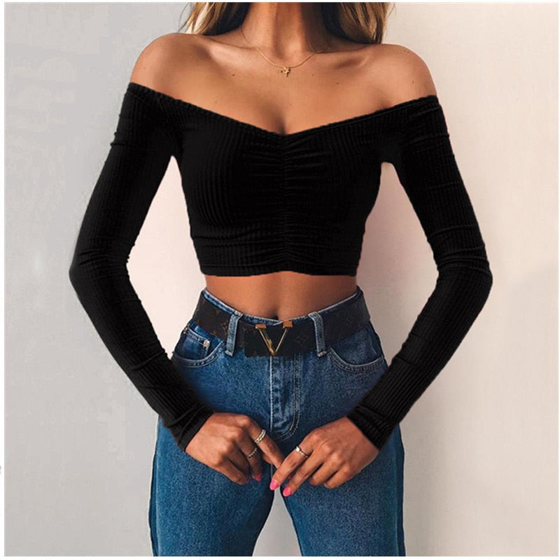OOTDGIRL Women Off Shoulder T-Shirts Sexy V Neck Long Sleeve Top Autumn T-Shirts Woman Ruched Slim Clubwear Solid Tee Femme Vestidos