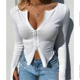 OOTDGIRL Women T-Shirt Spring Autumn Clothes Ribbed Knitted Long Sleeve Crop Tops Zipper Design Tee Sexy Female Slim Black White Tops