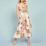 OOTDGIRL Summer Clothes For Women Boho Floral Print Beach Dress Sweetheart Neck Strap Tie Ruffle Hem Elegant Vintage Chiffon Midi Dress