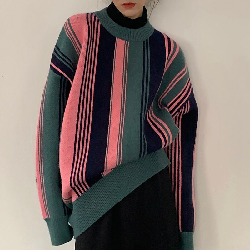 Ootdgirl  Korean High Street Ladies Sweater Contrast Color Stitching Striped Round Neck Long Sleeve Women Sweater