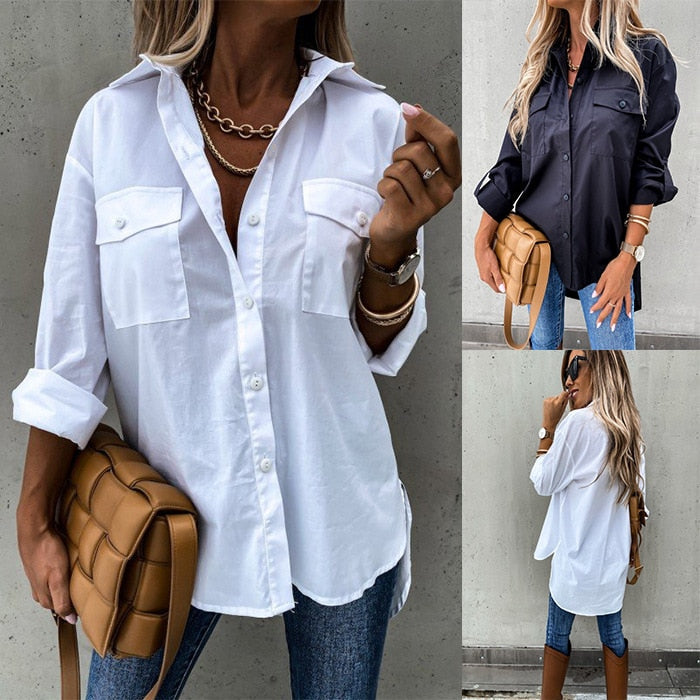 Ootdgirl Women's Casual Button Down Shirt Solid Color Turn-Down Collar Long Sleeve Shirt With Pocket Office Lady Business Blouses Tops