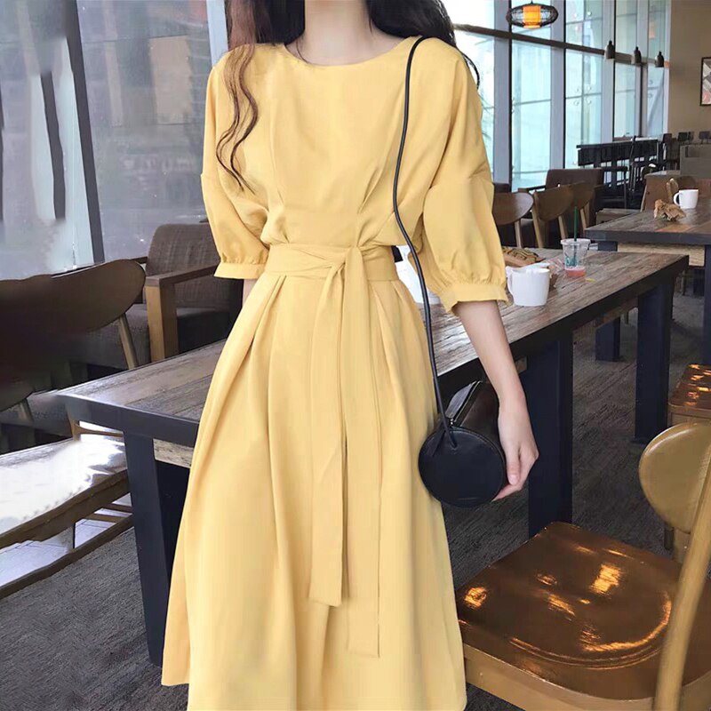 Ootdgirl  Dress For Women Half Sleeve Korean Elegant Fashion 2022 Dresses Mid-Calf Casual Solid Yellow Clothing High Waist O-Neck