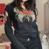 OOTDGIRL 90S Vintage Rhinestone Sweatshirt Floral Graphic Print Slim Hoodies E-Girl Gothic Black Cropped Coat Women Outwear