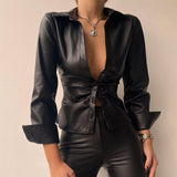 Ootdgirl Fashion Black Plaid Print Autumn Winter Women Blouses Casual Cardigan Ruffled Collar PU Leather Shirt Elegant Slim Office Blouse