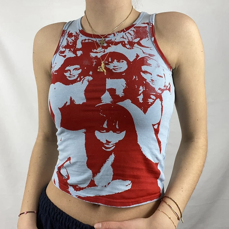 Y2K Aesthetic Gothic Tank Top Harajuku Hip Hop Graphic Print Sleeveless Crop Top Women Summer Slim Fit Mini Vest Streetwear