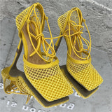 OOTDGIRL Women Summer Gladiator Sandals 10Cm High Heels Square Toe Roman Cross Toe Strap Sandles Yellow Green Mesh Pleaser Brown Shoes