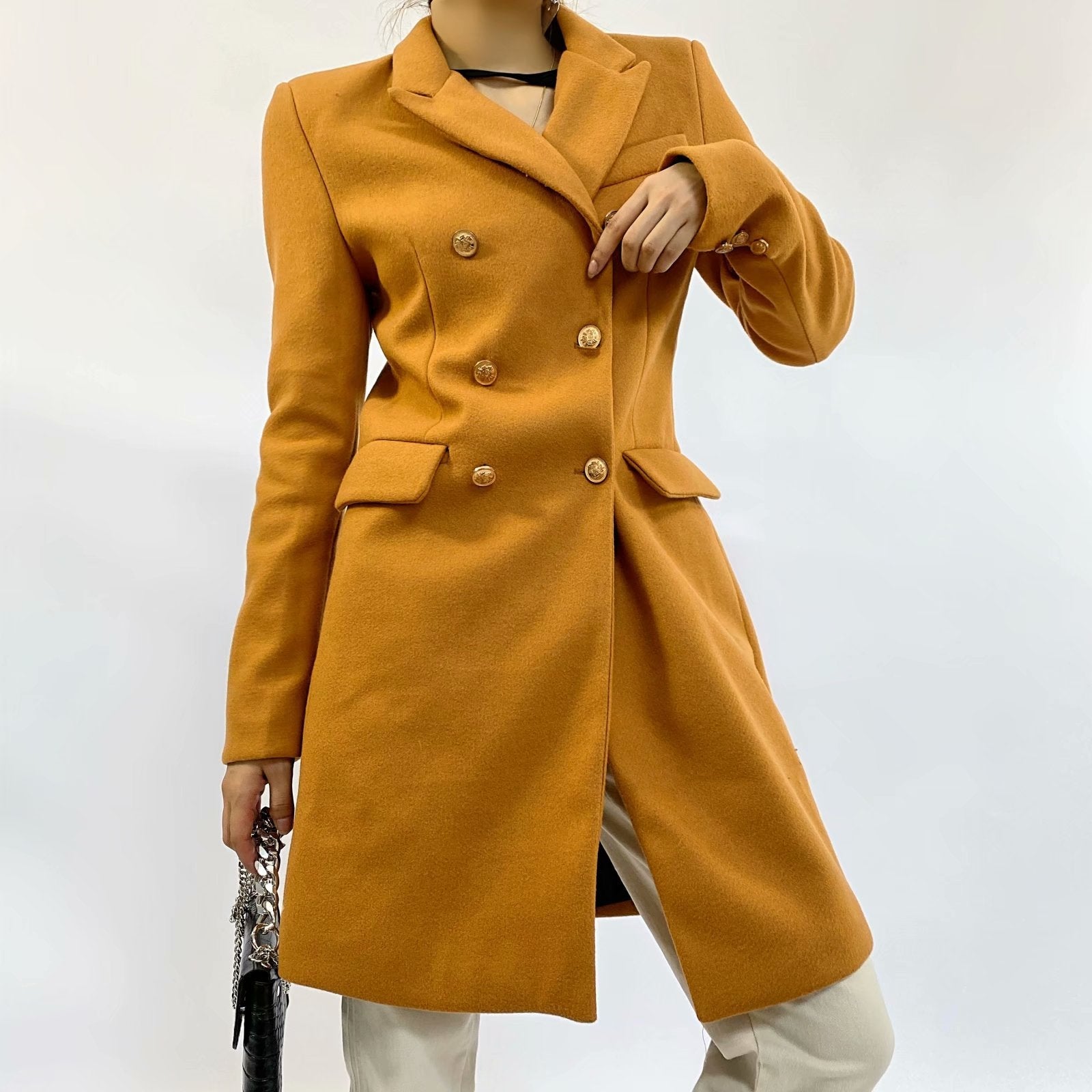 OOTDGIRL Women's 2022 Autumn And Winter New Fashion All-Match Slim Coat Retro Double-Breasted Mid-Length  Coat