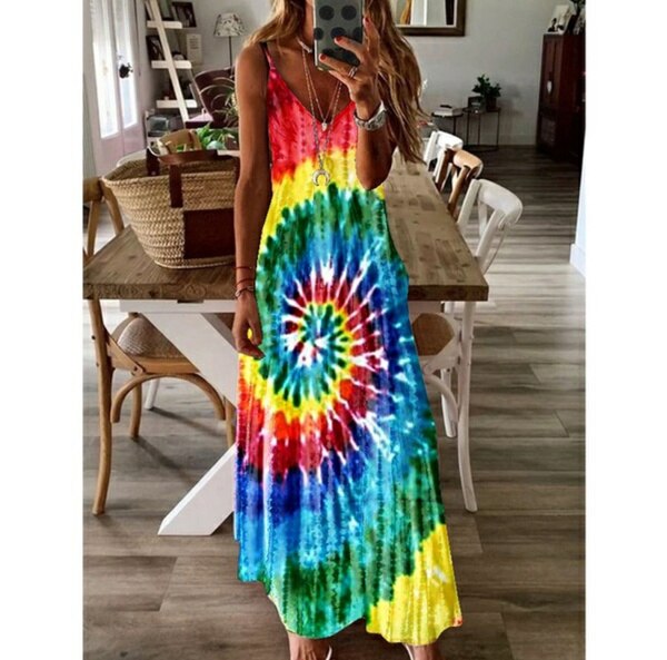 Ootdgirl  Summer Rainbow Printed Dress Women  Deep V-Neck Sling Sleeveless Long Dresses Female Casual Tie Dye Maxi Beach Dress Vestido