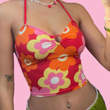 Ootdgirl  2022 Y2K Kawaii Flower Printing  V-Neck Lace-Up Midriff Crop Tops Summer Women Casual Wild Home Clothing Streetwears