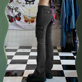 Ootdgirl  Casual Pocket Blue Jeans Y2K Girl Low Waist Denim Pants Harajuku Fashion Slim Flare Pants Grunge High Street Capris