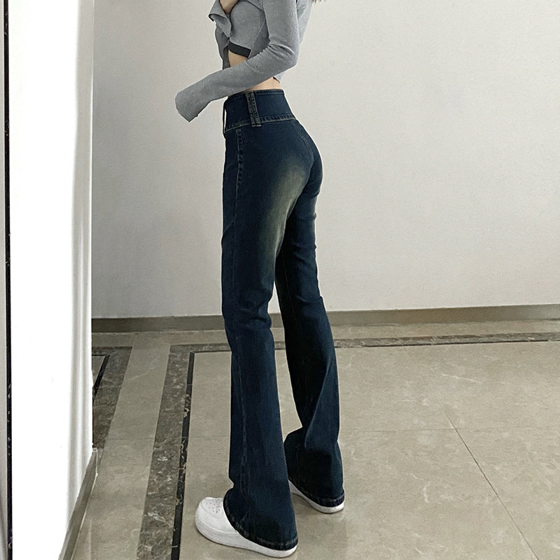Ootdgirl  Low Waist Flare Jeans Woman Korean Streetwear Skinny Slim Denim Trousers Y2K Retro Distressed Casual Pants Capris 2022