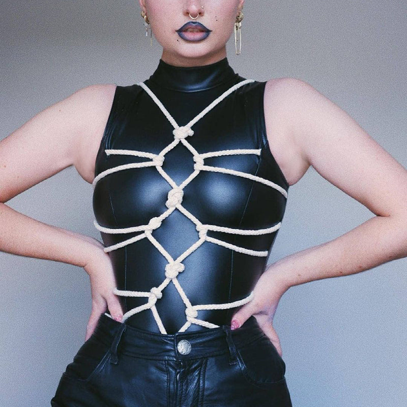 Ootdgirl   Party Club Bodysuit Summer 2022 PU Material O-Neck Sleeveless Bandage Zipper Tops Women Gothic Black Streetwears