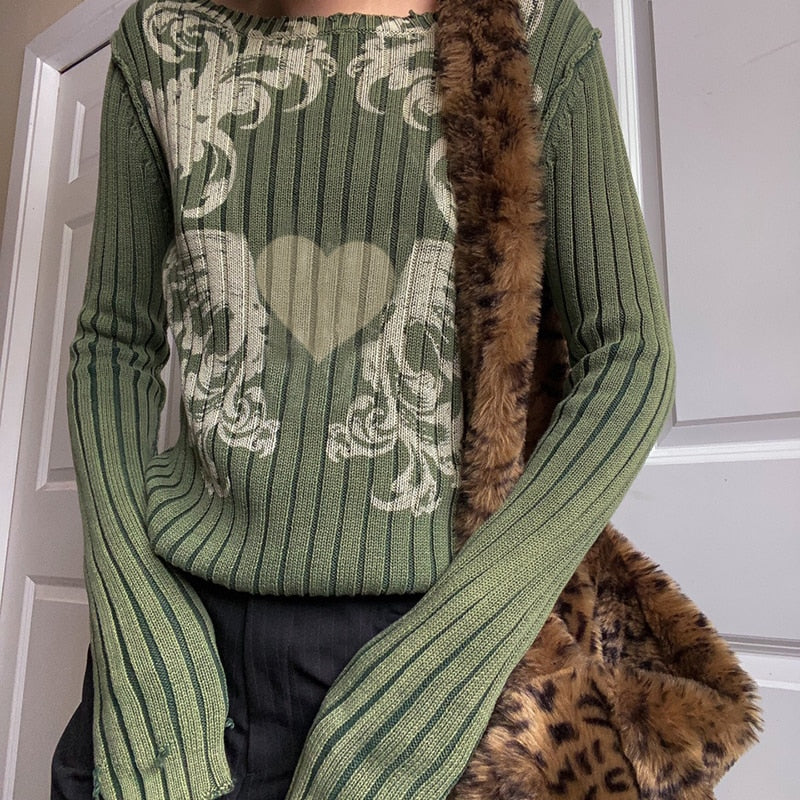 OOTDGIRL Back to School Green Retro Pullovers Women’S Knitted Sweaters Casual Long Sleeve Tops Fashion Heart Wing Print Knitwear Y2k Grunge