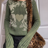OOTDGIRL Back to School Green Retro Pullovers Women’S Knitted Sweaters Casual Long Sleeve Tops Fashion Heart Wing Print Knitwear Y2k Grunge