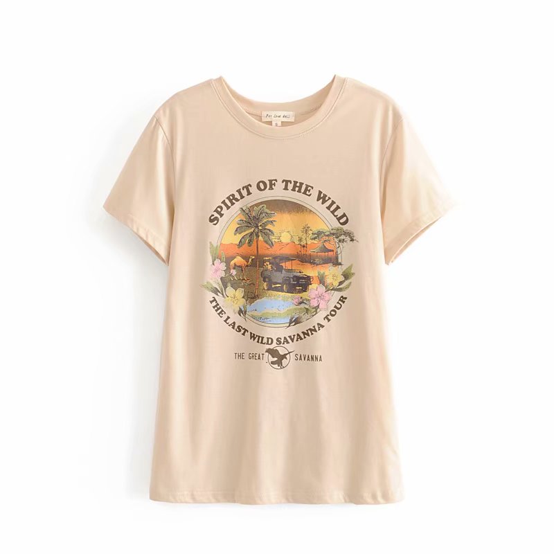 OOTDGIRL Vintage Beige Spirit Of The Wild Summer Tshirt O Neck Cotton Sunset Coco T-Shirt Girls Streetwear Designer Ins Bloggers Style