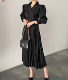 OOTDGIRL Elegant Stylish Women Puff Sleeve Pleated Long Dress Turndown Collar Spring Autumn Office Ladeis Dress Black Vestidos