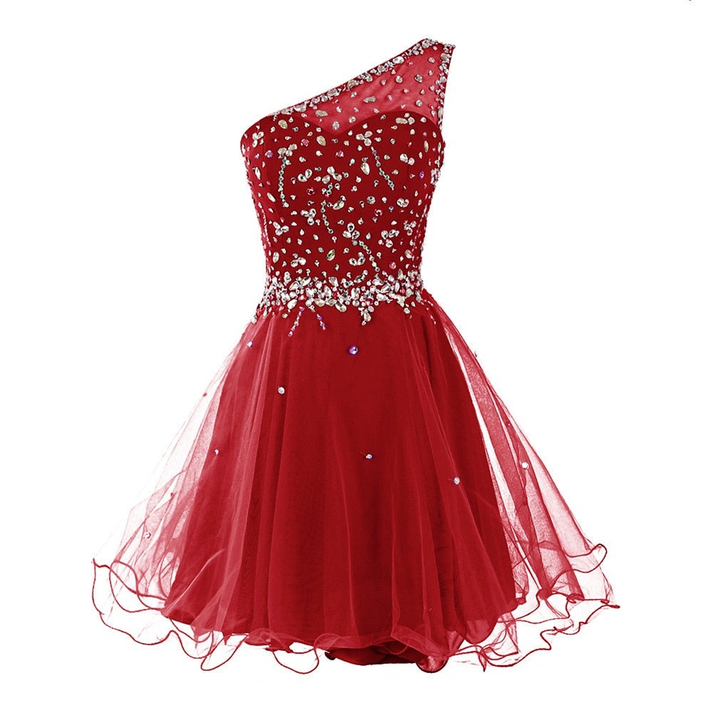 Ootdgirl  One Shoulder Homecoming Dress 2022 Dark Red Mini Crystals Beaded Tulle Short Girl Gown Prom Dress Mini Party Dress