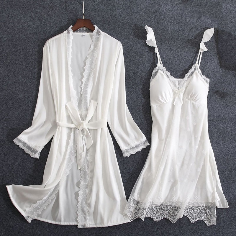 OOTDGIRL OOTDGIRL 2 Pieces Women Pajamas Sets Faux Silk Pajamas Sleepwear Sets Embroidery Lace Bath Gown Wedding Night Dress Robe With Belt