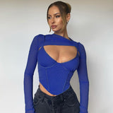 Ootdgirl  Asymmetric Patched Two Piece Set  Hollow Out Crop Top Women Skinny Long Sleeve Blue Top Chic Streetwear Fashion