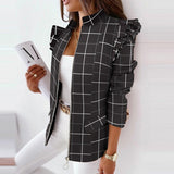 Ootdgirl Autumn Winter Ruffled Long Sleeves Fashion Stand Collar Women Printed Suit Jackets Slim Zipper Plaid Stripe Office Elegant Coats