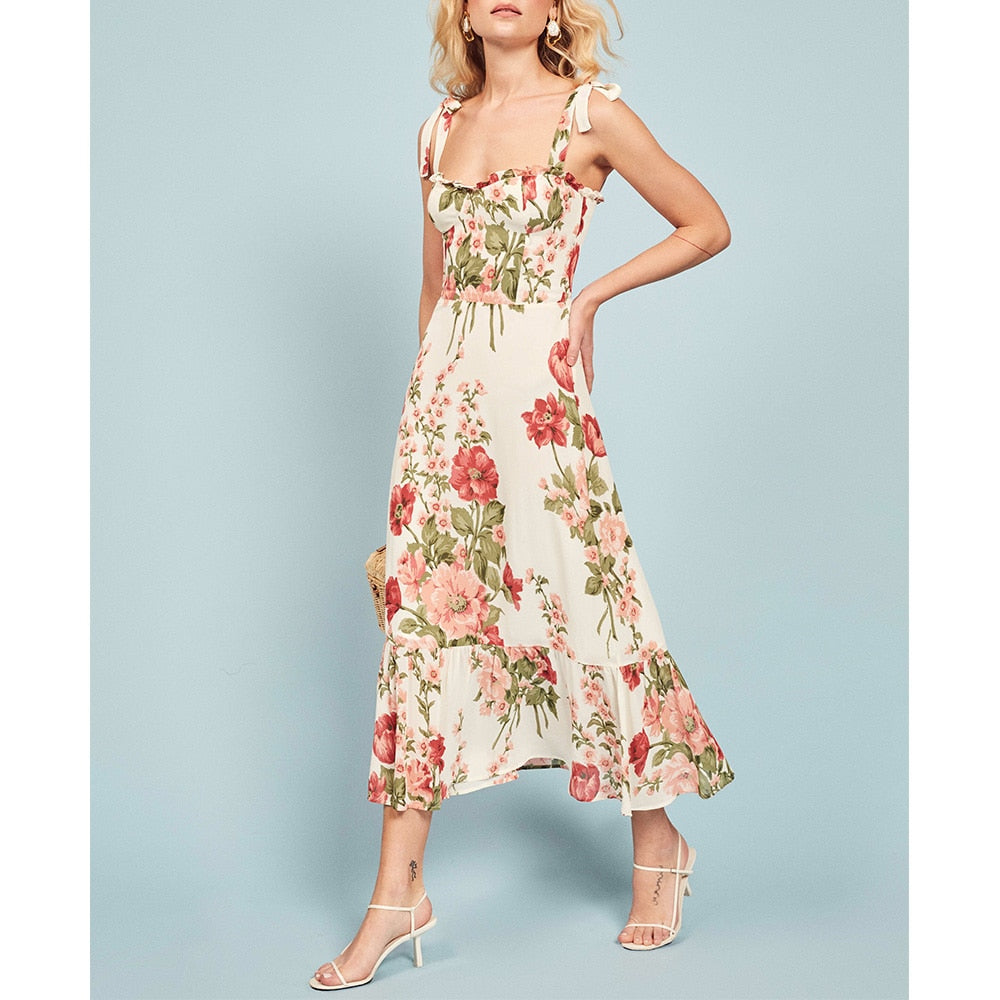 OOTDGIRL Summer Clothes For Women Boho Floral Print Beach Dress Sweetheart Neck Strap Tie Ruffle Hem Elegant Vintage Chiffon Midi Dress