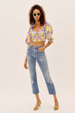 OOTDGIRL Vintage Multicolor Print Pleated Crop Top Women Sexy V Neck Puff Sleeve Holiday Boho Summer Tops Fashion Blusas